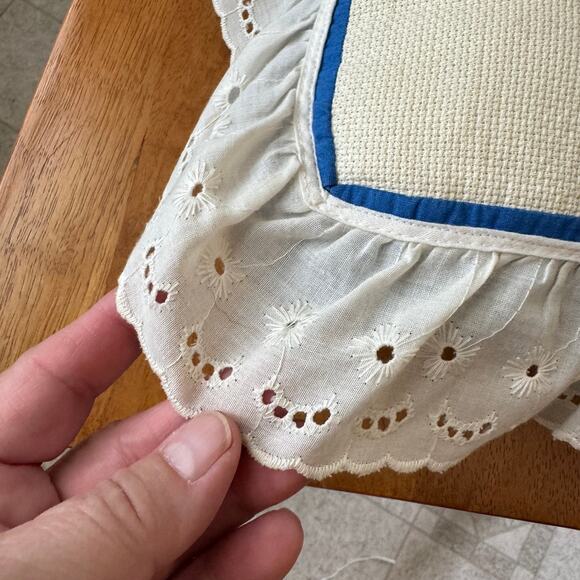 Vintage Bluebird Birdhouse Cross Stitch Pillow Eyelet Lace Ruffle Cottage Core - Picture 9 of 11